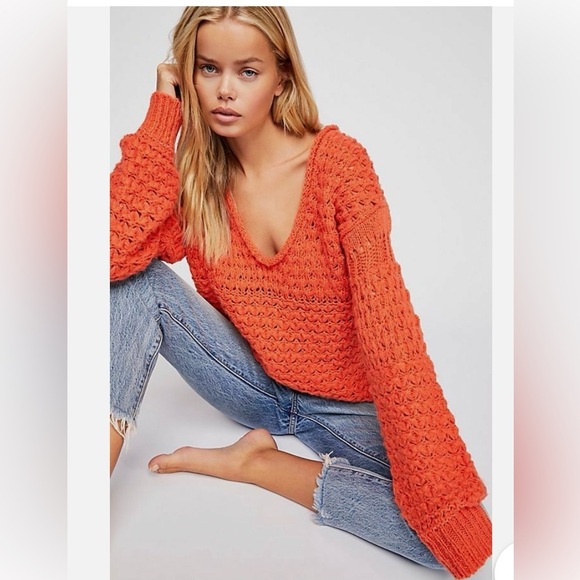 Free People Sweaters - Free People Bright Orange Open-Knit Scoop Neck Sweater